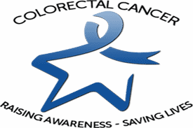 colon cancer awareness blue logo with text saying raising awareness saves lives