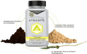 Atrantil bottle surrounded by 3 primary ingredients