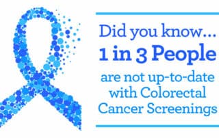 colon cancer blue ribbon with stat that 1 in 3 people are not current with screening