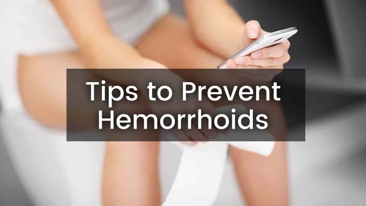 hemorrhoids, tips to prevent them with a background of girl using phone on toilet