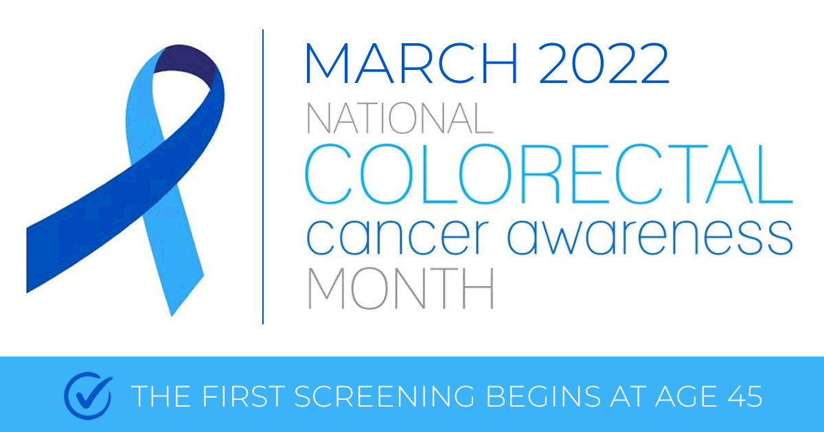 2022 march national colorectal cancer awareness month with blue ribbon graphic