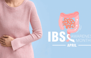 IBS Awareness Month with a picture of a woman having stomach discomfort