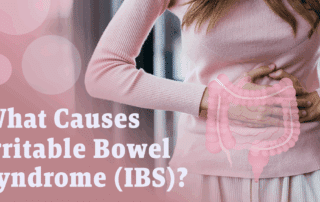 What causes IBS? text with a woman clutching her stomach in pain
